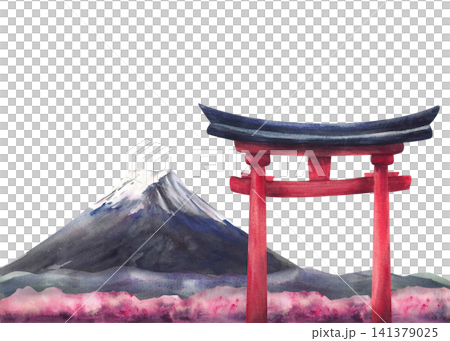 Mount Fuji, Torii gate and blooming pink sakura landscape background. Hand painted watercolor Japan Landmark illustration for travel posters, tourism, Hanami festival greeting cards. Isolated on white 141379025