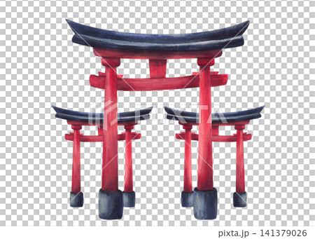 Traditional Japanese Torii gate, symbolizing the entrance to a sacred space in shinto shrines. Red pillars and black curved roof. Hand painted watercolor illustration isolated on white background. Traditional Japanese Torii gate, symbolizing the entrance to a sacred space in shinto shrines. Red pillars and black curved roof. Hand painted watercolor illustration isolated on white background. 141379026