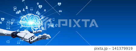 ロボットとAIネットワーク。人工知能、DX、未来、システム、通信、サイバー、アプリ、開発、バナー ロボットとAIネットワーク。人工知能、DX、未来、システム、通信、サイバー、アプリ、開発、バナー 141379919