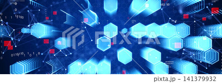 デジタルネットワーク。DX、AI、IT、テクノロジー、科学、データ、サイバー、未来、背景、BG 141379932