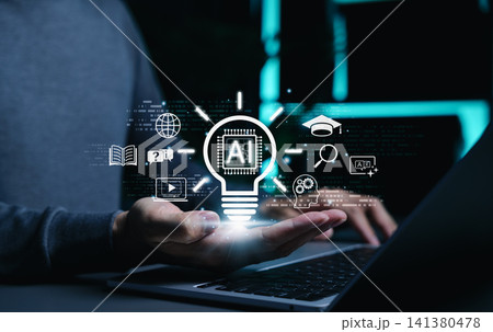 AI learning technology and digital education innovation concept. artificial intelligence lightbulb, online training tools, knowledge search, language learning, creative ideas, future skill development AI learning technology and digital education innovation concept. artificial intelligence lightbulb, online training tools, knowledge search, language learning, creative ideas, future skill development 141380478