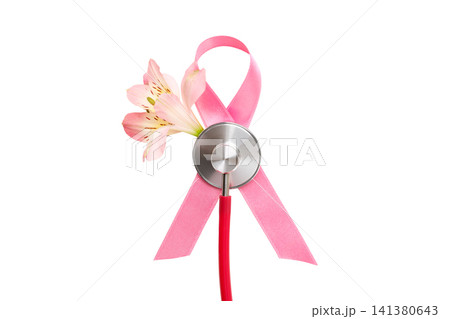Pink ribbon, stethoscope, flower on white, isolated, PNG Pink ribbon, stethoscope, flower on white, isolated, PNG 141380643