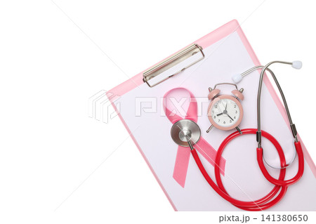 Medical clipboard with pink ribbon and stethoscope, isolated, PNG Medical clipboard with pink ribbon and stethoscope, isolated, PNG 141380650