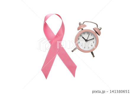 Pink ribbon and clock: early breast cancer detection, isolated, PNG Pink ribbon and clock: early breast cancer detection, isolated, PNG 141380651