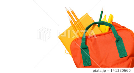 School supplies, Colorful school supplies fill a vibrant backpack, PNG 141380660