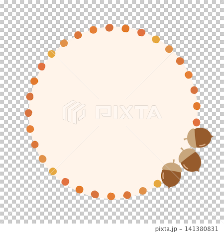 A circular frame illustration with acorns arranged in autumn-colored dots. A circular frame illustration with acorns arranged in autumn-colored dots. 141380831