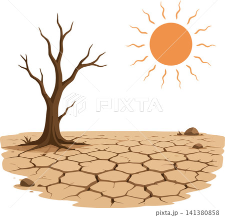 Vsai dead tree standing on cracked dry earth under hot sun 141380858