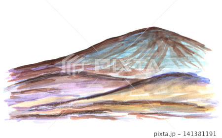 Hand drawn watercolor painting. Calm mountain landscape in lilac blue tones. Nature, mountainous countries, tourism, travel. Hand drawn watercolor painting. Calm mountain landscape in lilac blue tones. Nature, mountainous countries, tourism, travel. 141381191