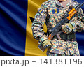 Barbados flag with soldier holding assault rifle 141381196