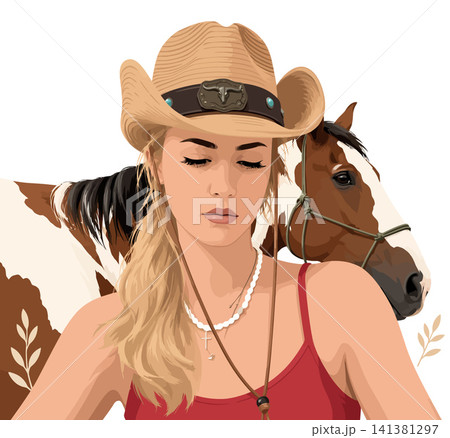 Vsai cowgirl wearing cowboy hat with horse portrait 141381297