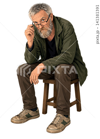 Senior man sitting on stool holding glasses Senior man sitting on stool holding glasses 141381391