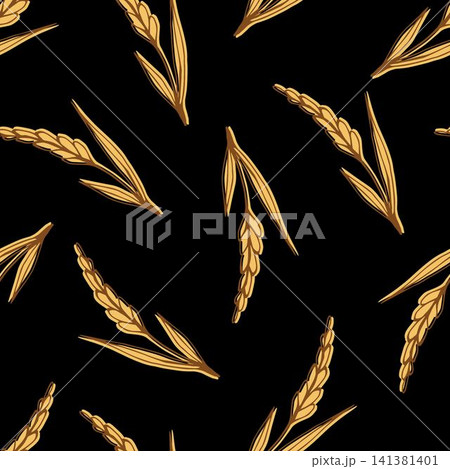Simple hand drawn vector seamless pattern. Golden spikelets of wheat on a black background. Cereals, bread, pastries, flour. For printing on packaging, labels, textile products. Farm harvest. Simple hand drawn vector seamless pattern. Golden spikelets of wheat on a black background. Cereals, bread, pastries, flour. For printing on packaging, labels, textile products. Farm harvest. 141381401