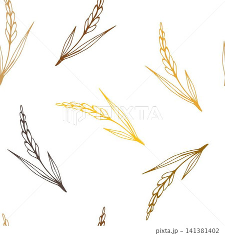 Simple vector seamless pattern. Golden spikelet of wheat, brown outline of crops, growing organic plants, seasonal harvest. Food, bread, flour. For printing textile products, labels, packaging. 141381402