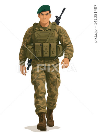 Vsai soldier walking wearing camouflage uniform green beret and rifle 141381407