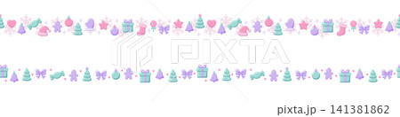 Pastel winter holiday seamless border pattern set, flat vector illustration featuring cute christmas icons, gingerbread man, tree and santa hat tapes for ribbon design and packaging 141381862