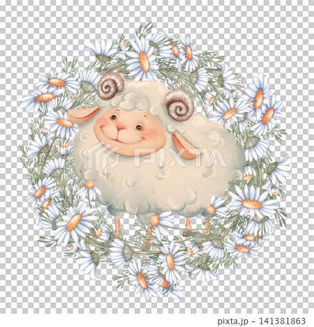 Cute sheep in daisy flower wreath illustration Cute sheep in daisy flower wreath illustration 141381863
