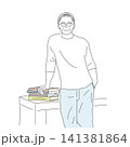 積み上げた本と読書を楽しむシニア男性のイラスト 141381864