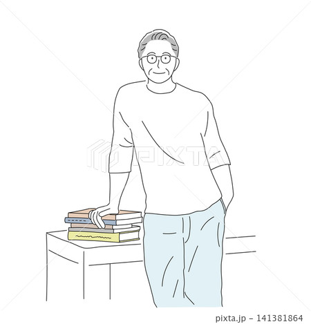 積み上げた本と読書を楽しむシニア男性のイラスト 積み上げた本と読書を楽しむシニア男性のイラスト 141381864