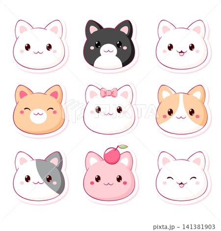 Cute badge, tag with cat in kawaii style. Sweet kitty themed collection of cozy sticker. Digital Journaling Clipart. Vector cat set for scrapbooking, planner, pink sweet aesthetic label, tag, badge Cute badge, tag with cat in kawaii style. Sweet kitty themed collection of cozy sticker. Digital Journaling Clipart. Vector cat set for scrapbooking, planner, pink sweet aesthetic label, tag, badge 141381903