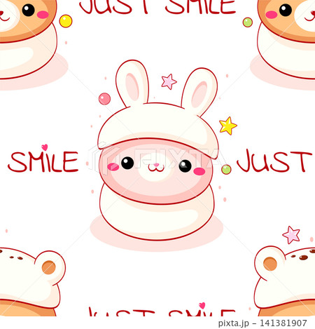 Vector seamless pattern with cute animal-shaped mantou buns. Cute oriental dessert in kawaii style. Tiling pattern in cutecore theme. Endless texture can be used for pattern fills, fabric design Vector seamless pattern with cute animal-shaped mantou buns. Cute oriental dessert in kawaii style. Tiling pattern in cutecore theme. Endless texture can be used for pattern fills, fabric design 141381907