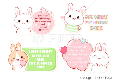 Kawaii bunny sticker set with positive quotes. Cute Rabbit Planner Sticker, Cutecore Digital Journaling Clipart. Vector collection for scrapbooking and planner, pink sweet aesthetic label, tag, badge Kawaii bunny sticker set with positive quotes. Cute Rabbit Planner Sticker, Cutecore Digital Journaling Clipart. Vector collection for scrapbooking and planner, pink sweet aesthetic label, tag, badge 141381908