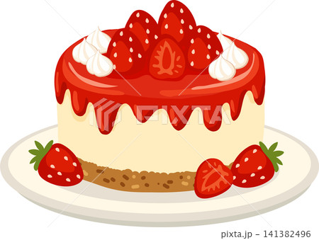 Strawberry Cheesecake Cartoon Dessert with Whipped Cream on Plate 141382496