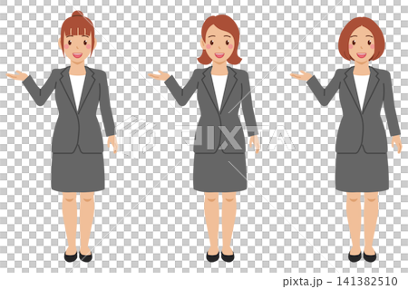 [Full body] A young woman in a cut-and-sew top and gray skirt suit says, "This way." 141382510