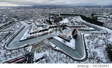 Aerial panorama of a snow covered star shaped fortress 141383053