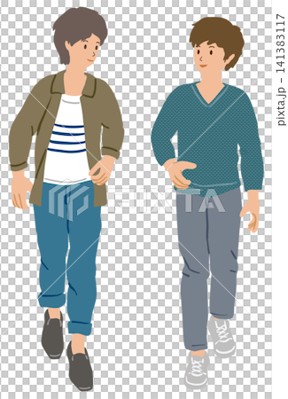 一幅描繪兩個年輕男子並肩行走的插圖。 141383117