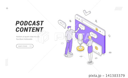 Podcast Content Creation And Audio Broadcasting Isometric Vector Illustration for a Media Banner Template 141383379