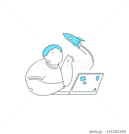 Happy Person With Laptop Launches Rocket Vector Illustration For Startup And Education Happy Person With Laptop Launches Rocket Vector Illustration For Startup And Education 141383389