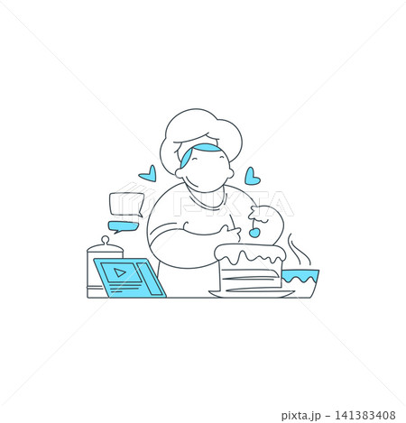 Online Culinary Education A Happy Chef Learning Baking From A Video Tutorial Vector Illustration Online Culinary Education A Happy Chef Learning Baking From A Video Tutorial Vector Illustration 141383408