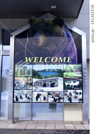 Bear themed welcome sign at a winter wildlife park Bear themed welcome sign at a winter wildlife park 141383516