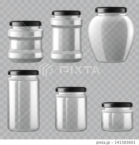 Clear Glass Jars with Black Lids Mockup Set Vector Clear Glass Jars with Black Lids Mockup Set Vector 141383601