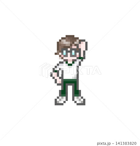 ドット絵のメガネをかけたガッツポーズをするジャージ姿の男性 141383820