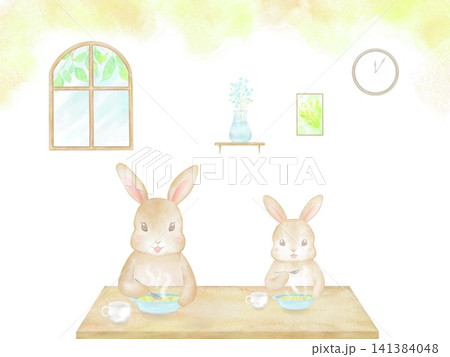 一緒にご飯を食べるうさぎの親子。室内風景の水彩イラスト。 141384048