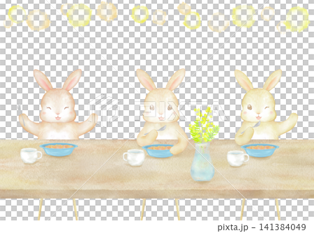 テーブルを囲んで楽しくご飯を食べる3匹のうさぎ 水彩イラスト。家族のだんらん、楽しい食事。 141384049