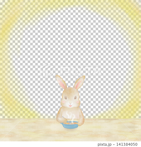 温かいご飯を食べる可愛いうさぎの水彩イラスト。中央にコピースペースのある食育フレーム。 141384050