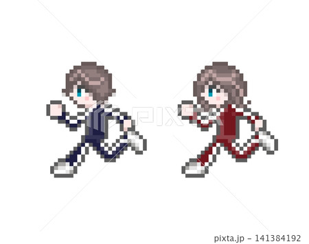 ドット絵の走る長袖ジャージ姿の男女学生セット ドット絵の走る長袖ジャージ姿の男女学生セット 141384192