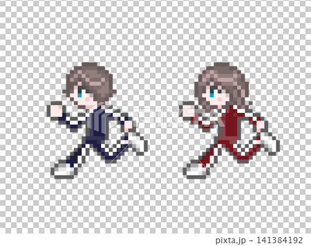 ドット絵の走る長袖ジャージ姿の男女学生セット ドット絵の走る長袖ジャージ姿の男女学生セット 141384192