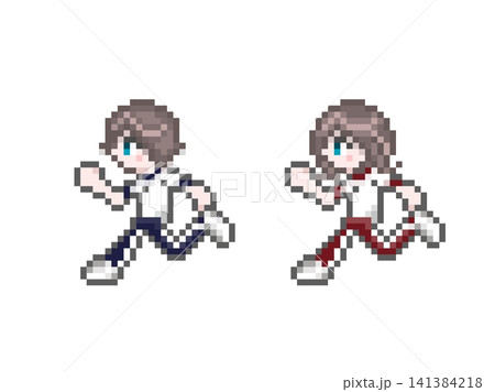 ドット絵の走る半袖ジャージ姿の男女学生セット ドット絵の走る半袖ジャージ姿の男女学生セット 141384218