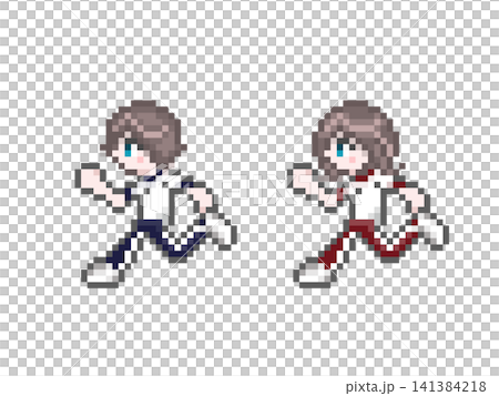 ドット絵の走る半袖ジャージ姿の男女学生セット ドット絵の走る半袖ジャージ姿の男女学生セット 141384218