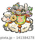 干支の未（羊）の背に乗った七福神　筆タッチ手描きイラスト 141384278
