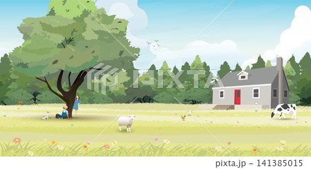 Rural landscape have people with them pet and country house vector illustration. Livestock landscape concept flat design. 141385015
