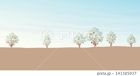 Cocoa tree landscape vector illustration with blank space. Cacao garden childish style flat design background. Cocoa tree landscape vector illustration with blank space. Cacao garden childish style flat design background. 141385037