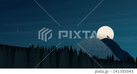 Night of mountainscape with full moon, wolf howling and pines forest vector illustration. Hiking theme background. Travel concept of discovering, exploring and observing nature. Night of mountainscape with full moon, wolf howling and pines forest vector illustration. Hiking theme background. Travel concept of discovering, exploring and observing nature. 141385043