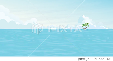 Seascape and blue sky with small island flat design. Tropical sea and tourism concept vector illustration. Seascape and blue sky with small island flat design. Tropical sea and tourism concept vector illustration. 141385048