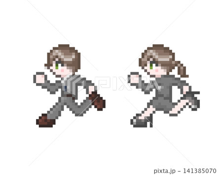 ドット絵の走るスーツ姿の男女会社員セット ドット絵の走るスーツ姿の男女会社員セット 141385070