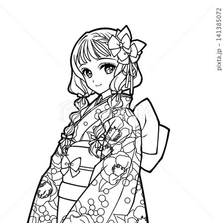 着物を着た女の子のアニメ風の塗り絵イラスト 着物を着た女の子のアニメ風の塗り絵イラスト 141385072