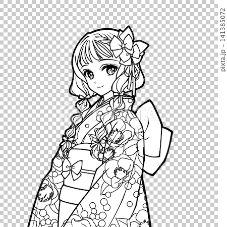 着物を着た女の子のアニメ風の塗り絵イラスト 着物を着た女の子のアニメ風の塗り絵イラスト 141385072